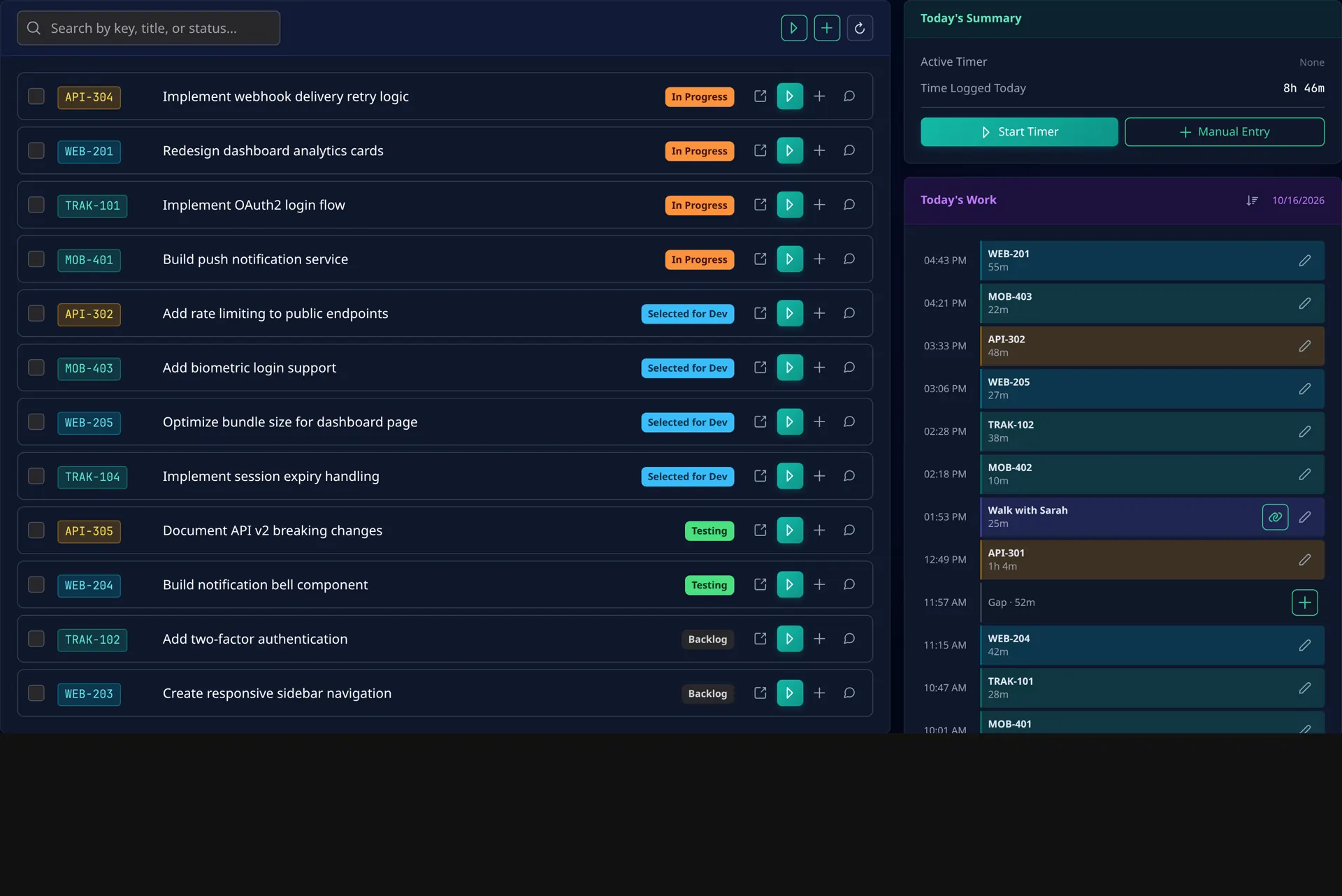 Cadence dashboard with Jira tickets across API, MOB, TRAK, and WEB, and a full day of time entries on the right